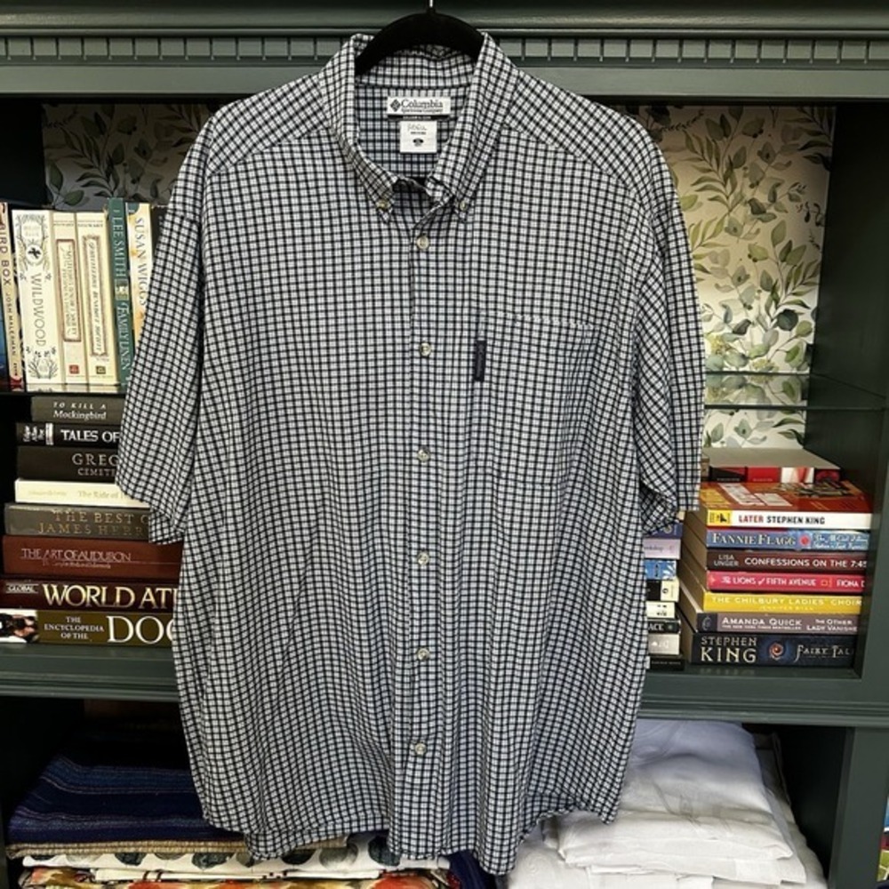 Columbia Short Sleeve Shirt Mens XL Blue Plaid 100%‎ Cotton Front Pocket